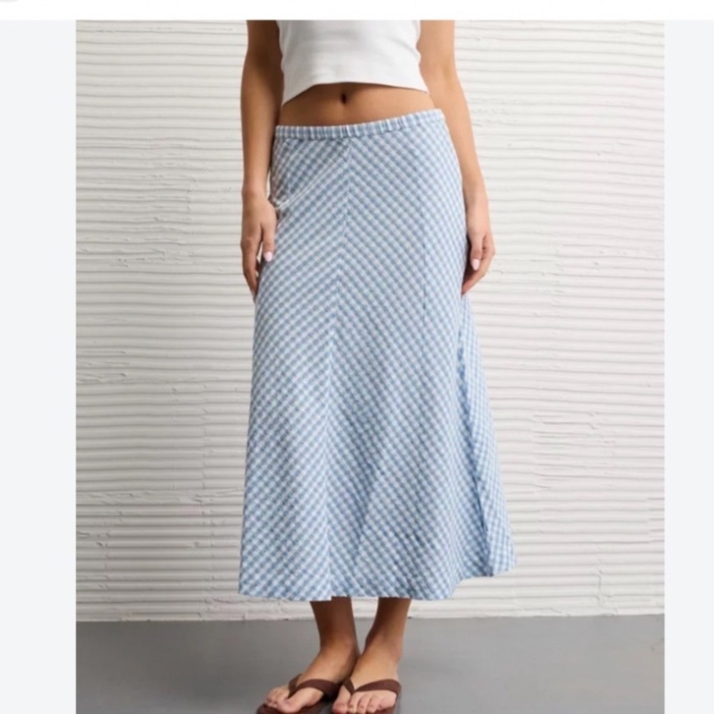 American Eagle Blue Gingham Cotton Linen Midi Skirt L Coastal Cottagecore